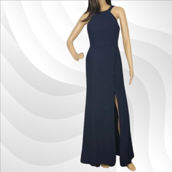 2/$50 Dessy Collection Midnight Crepe Halter X-Back Dress Size 2R | Elegant Gown - Picture 3 of 7